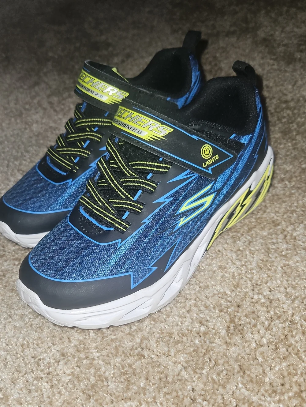 Skechers Boys' Light-Up Athletic Sneakers in Blue, Black & Neon Yellow Sz. 1